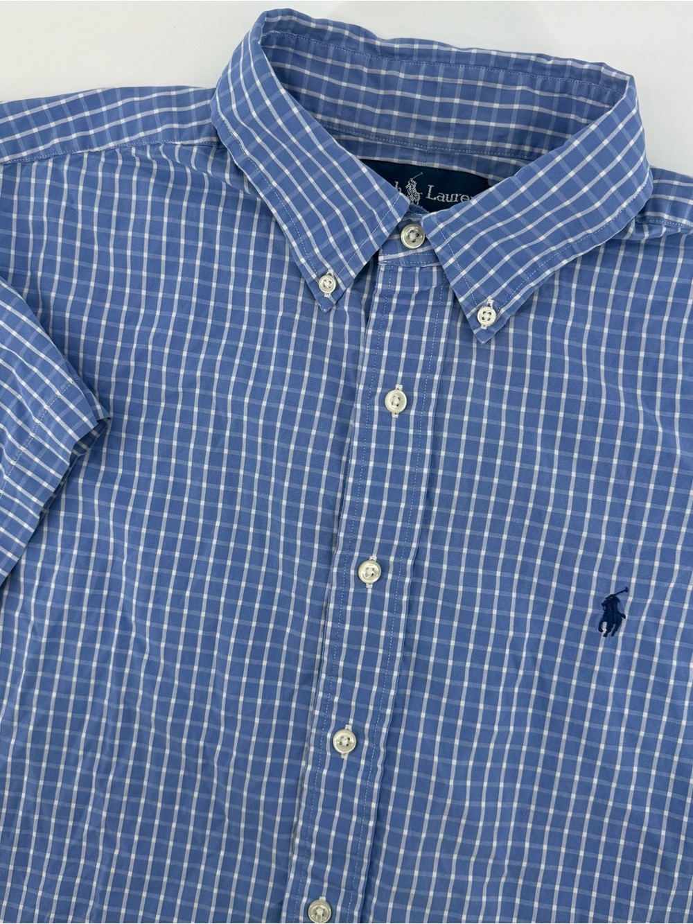 Ralph Lauren Button Down Shirt XL Classic Fit Plaid Gingham Short Sleeve Blue